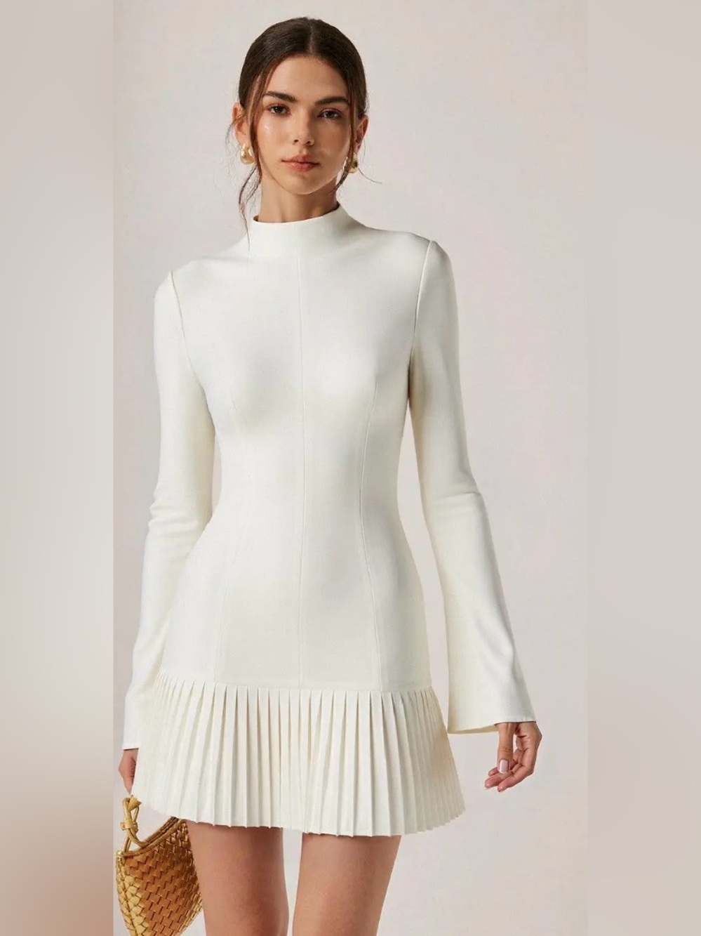 Commense Cream Long-Sleeve Pleated-Hem Mini Dress